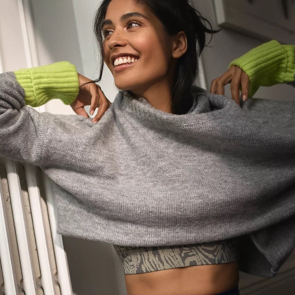 Anthropologie Paulina Cropped Turtleneck Sweater Grey Green Chunky Oversized XS